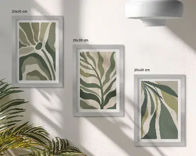 Fotowand mit gemalten Blattillustrationen in Grüntönen