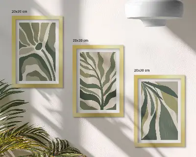 Fotowand mit gemalten Blattillustrationen in Grüntönen