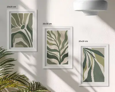 Fotowand mit gemalten Blattillustrationen in Grüntönen