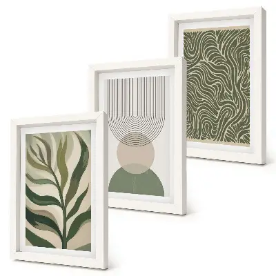 Bilderwand mit abstrakten Blättern und geometrischen Formen