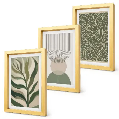Bilderwand mit abstrakten Blättern und geometrischen Formen