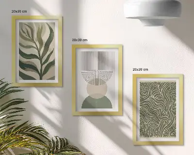 Bilderwand mit abstrakten Blättern und geometrischen Formen