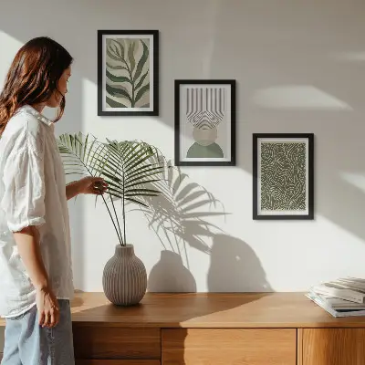 Bilderwand mit abstrakten Blättern und geometrischen Formen
