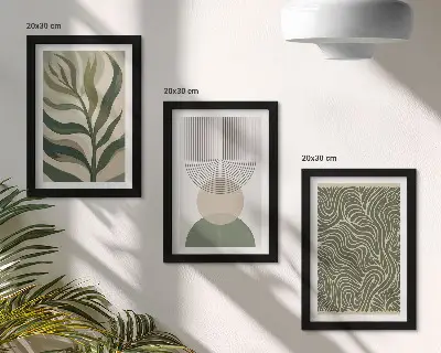 Bilderwand mit abstrakten Blättern und geometrischen Formen