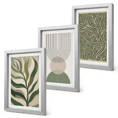 Bilderwand mit abstrakten Blättern und geometrischen Formen