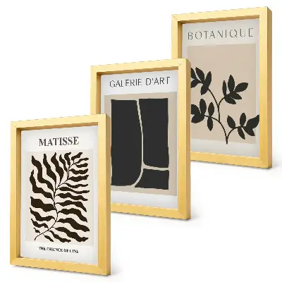 Fotowand mit minimalistischen Postern, Pflanzenmustern und abstrakten Motiven
