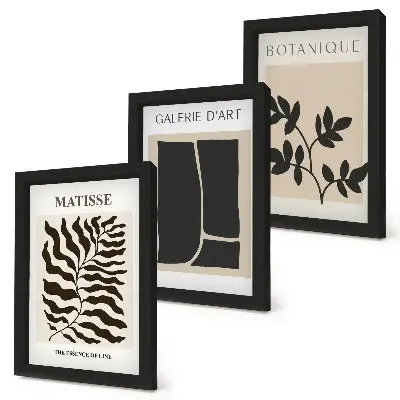 Fotowand mit minimalistischen Postern, Pflanzenmustern und abstrakten Motiven