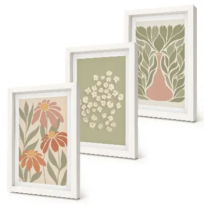 Bilderwand mit Blumenmotiven, minimalistischen Mustern im Boho-Stil