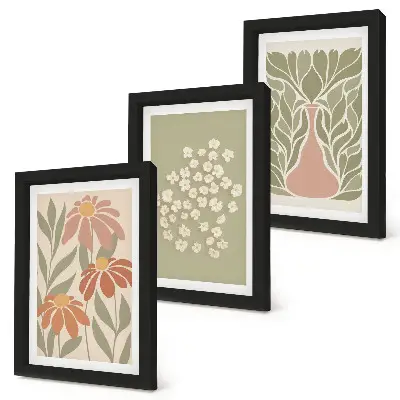 Bilderwand mit Blumenmotiven, minimalistischen Mustern im Boho-Stil