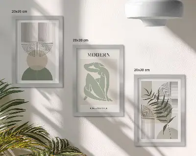 Fotowand mit stilvollen Grafiken aus abstrakten Formen und Pflanzen
