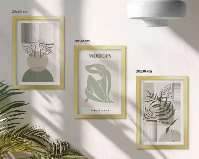 Fotowand mit stilvollen Grafiken aus abstrakten Formen und Pflanzen