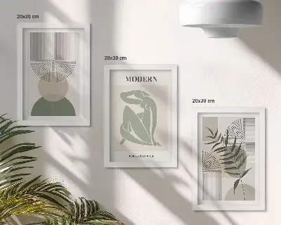 Fotowand mit stilvollen Grafiken aus abstrakten Formen und Pflanzen
