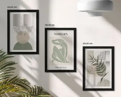 Fotowand mit stilvollen Grafiken aus abstrakten Formen und Pflanzen