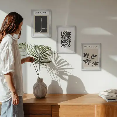 Bilderwand mit abstrakten Pflanzenmustern und geometrischen Formen