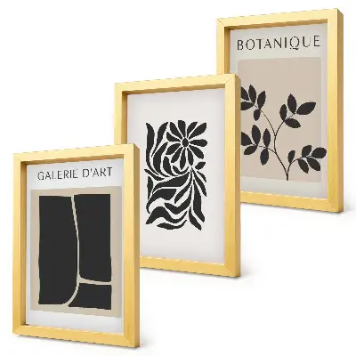 Bilderwand mit abstrakten Pflanzenmustern und geometrischen Formen