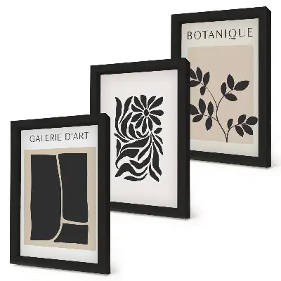 Bilderwand mit abstrakten Pflanzenmustern und geometrischen Formen