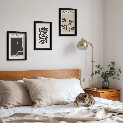 Bilderwand mit abstrakten Pflanzenmustern und geometrischen Formen