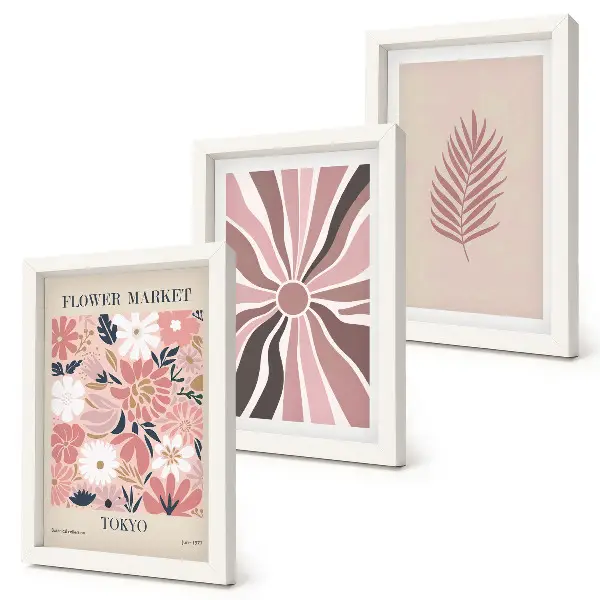 Blumenmuster mit Blättern und geometrischen Formen als Bilderset mit Rahmen