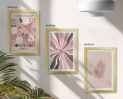 Blumenmuster mit Blättern und geometrischen Formen als Bilderset mit Rahmen