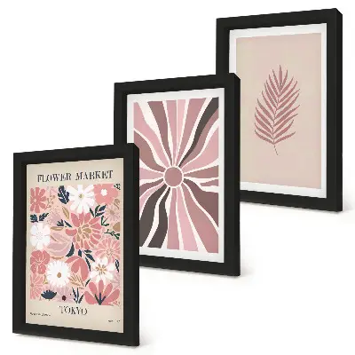 Blumenmuster mit Blättern und geometrischen Formen als Bilderset mit Rahmen