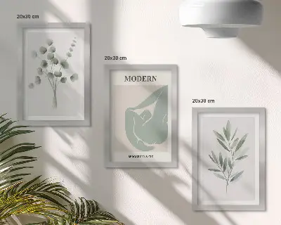 Bilderwand mit Pflanzenmotiven in zarten Grüntönen