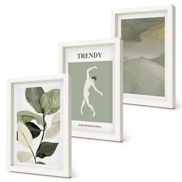 Bilderwand mit Pflanzenmuster, Silhouetten und abstrakten Formen