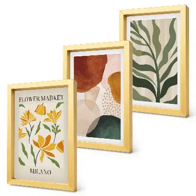 Fotowand mit Blumenmotiven, abstrakten Formen und Blättern