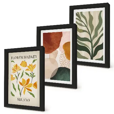 Fotowand mit Blumenmotiven, abstrakten Formen und Blättern