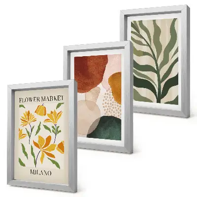 Fotowand mit Blumenmotiven, abstrakten Formen und Blättern