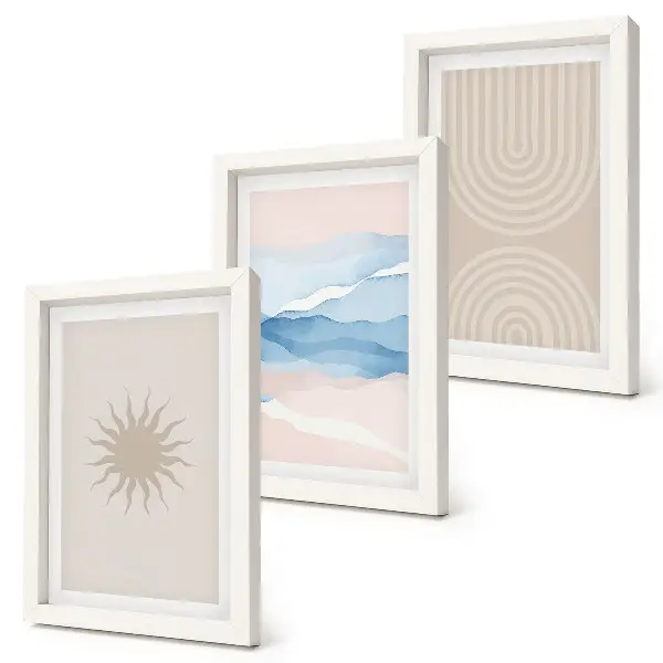 Fotowand mit Sonne, Wellen und abstrakten Linien in Pastellfarben