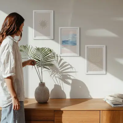 Fotowand mit Sonne, Wellen und abstrakten Linien in Pastellfarben