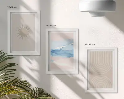 Fotowand mit Sonne, Wellen und abstrakten Linien in Pastellfarben