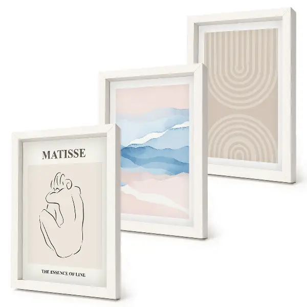 Bilderwand mit Linien und Wellen in Pastelltönen und minimalistischen Akzenten
