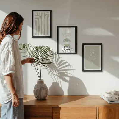 Bilderwand mit geometrischen Mustern und pflanzlichen Akzenten in Grüntönen