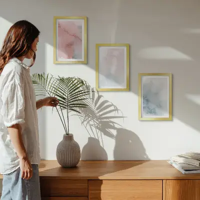 Bilderset mit Rahmen pastellfarbene Aquarelle auf Leinwand mit farbenfrohen Texturen