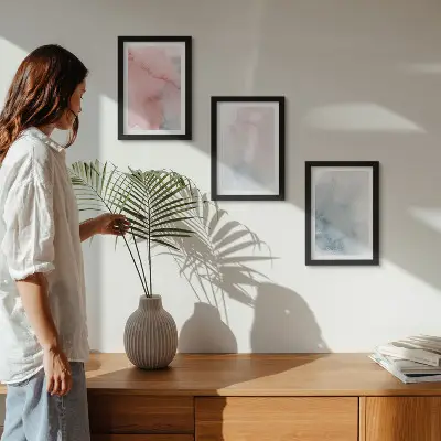 Bilderset mit Rahmen pastellfarbene Aquarelle auf Leinwand mit farbenfrohen Texturen
