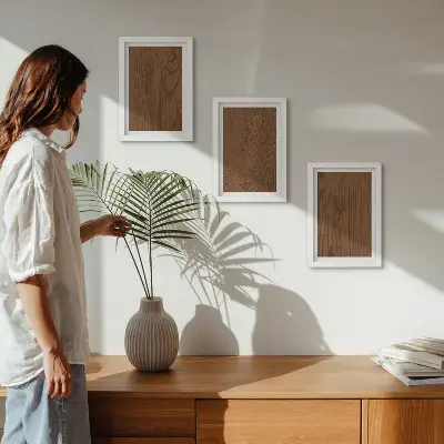 Bilderset mit Rahmen mit Holzmaserung und Baumrindenstruktur im minimalistischen Stil