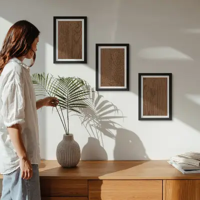 Bilderset mit Rahmen mit Holzmaserung und Baumrindenstruktur im minimalistischen Stil