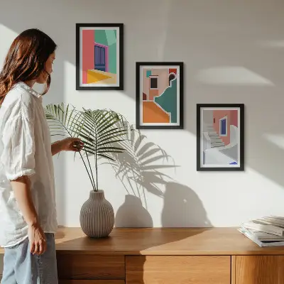 Fotowand mit farbenfrohen Illustrationen von Gebäuden im modernen Stil