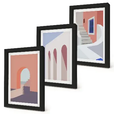 Bilderwand mit Illustrationen urbaner Architektur im minimalistischen Stil