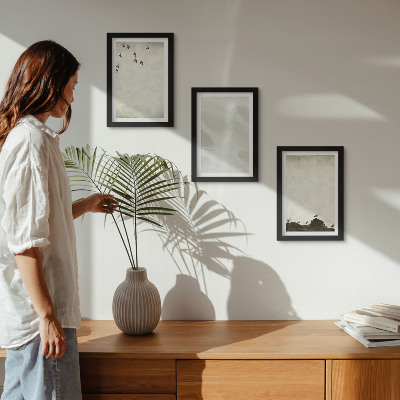 Bilderset mit rahmen Vögel, Steine ​​und Pinselstriche – minimalistische Dekorationen
