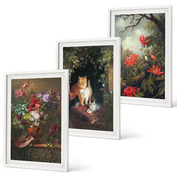 Gerahmtes Bilderset mit Motiven von Vintage-Blumen, Katzen und Natur