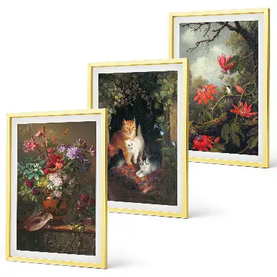 Gerahmtes Bilderset mit Motiven von Vintage-Blumen, Katzen und Natur