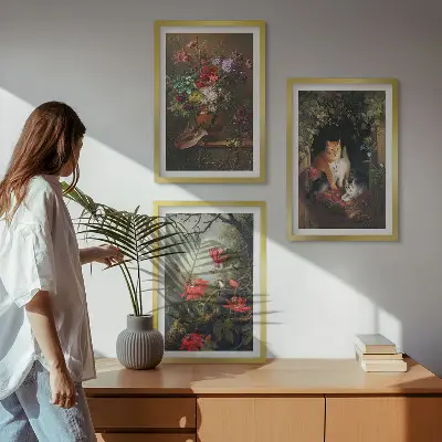 Gerahmtes Bilderset mit Motiven von Vintage-Blumen, Katzen und Natur
