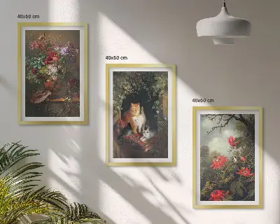 Gerahmtes Bilderset mit Motiven von Vintage-Blumen, Katzen und Natur