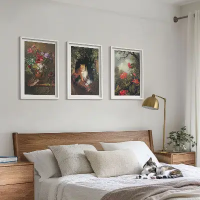 Gerahmtes Bilderset mit Motiven von Vintage-Blumen, Katzen und Natur