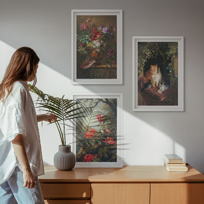 Gerahmtes bilderset Vintage-Blumen, Katzen, Natur