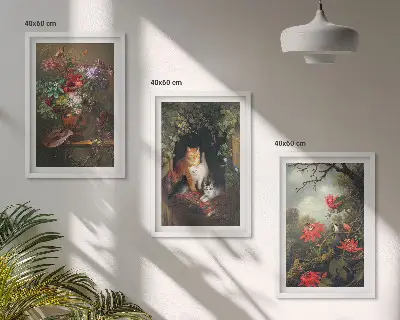 Gerahmtes Bilderset mit Motiven von Vintage-Blumen, Katzen und Natur