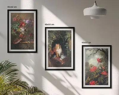 Gerahmtes Bilderset mit Motiven von Vintage-Blumen, Katzen und Natur