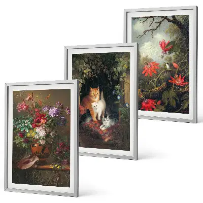 Gerahmtes Bilderset mit Motiven von Vintage-Blumen, Katzen und Natur